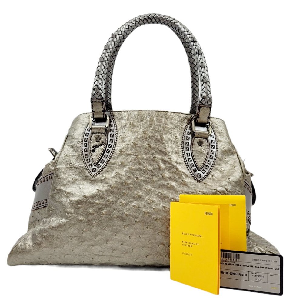 NEW Fendi Silver Metallic Du Jour Ostrich Bag